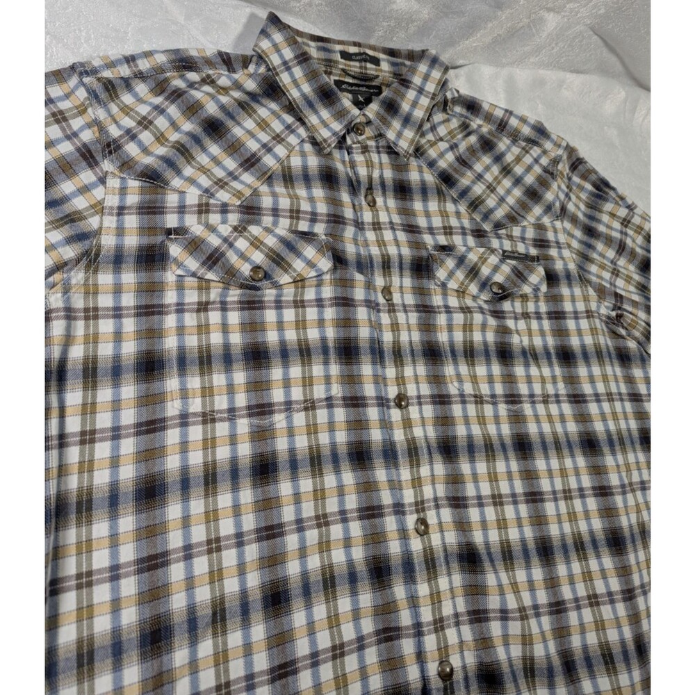 Eddie Bauer Men’s Large Plaid Snap Front Shirt Western Classic Fit Cotton